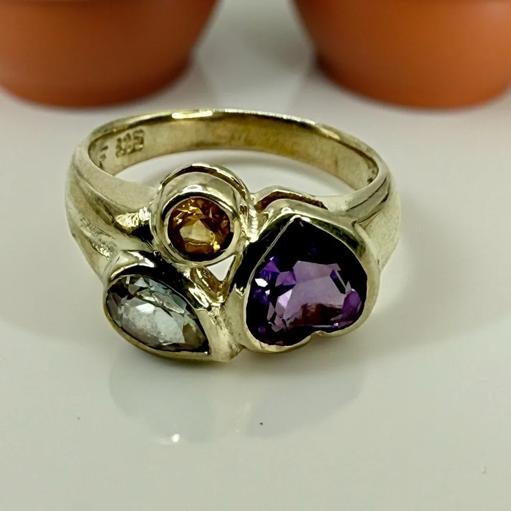 Sterling Silver Multi-Gemstone Ring – Amethyst, Citrine & Topaz – Size 6